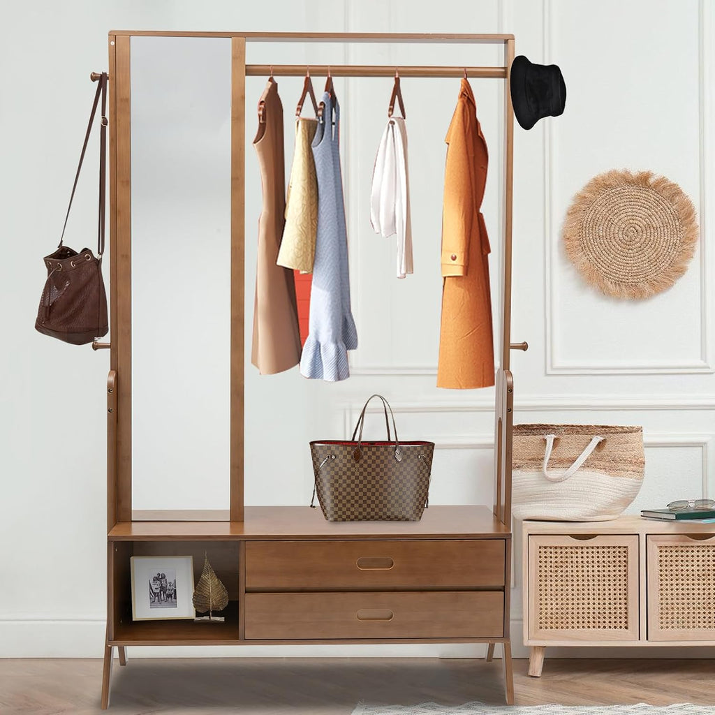 Bamboo Garment Rack Freestanding Closet Rack W/Mirror Drawer &Hooks, Freestanding Closet Organizer Clothing Rack, Coat Rack Wardrobe Closet for Bedroom, Living Room