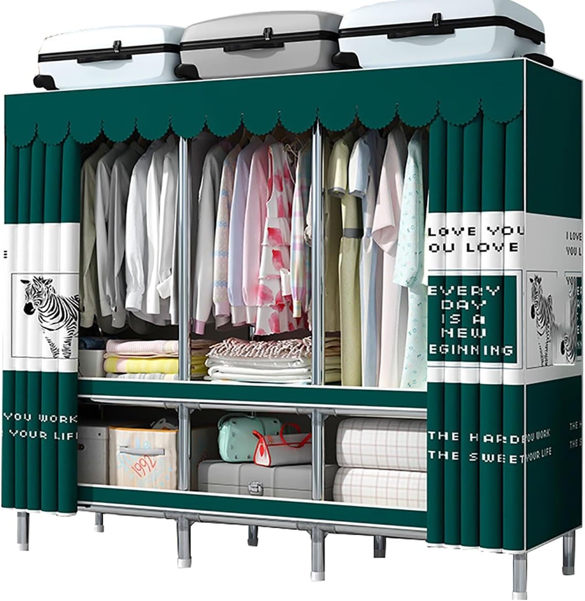 Portable Closet Wardrobe with Cover Metal Garment Rack for Hanging Clothes and Shelves for Bedroom (Color : I, Size : 170x45x170cm)