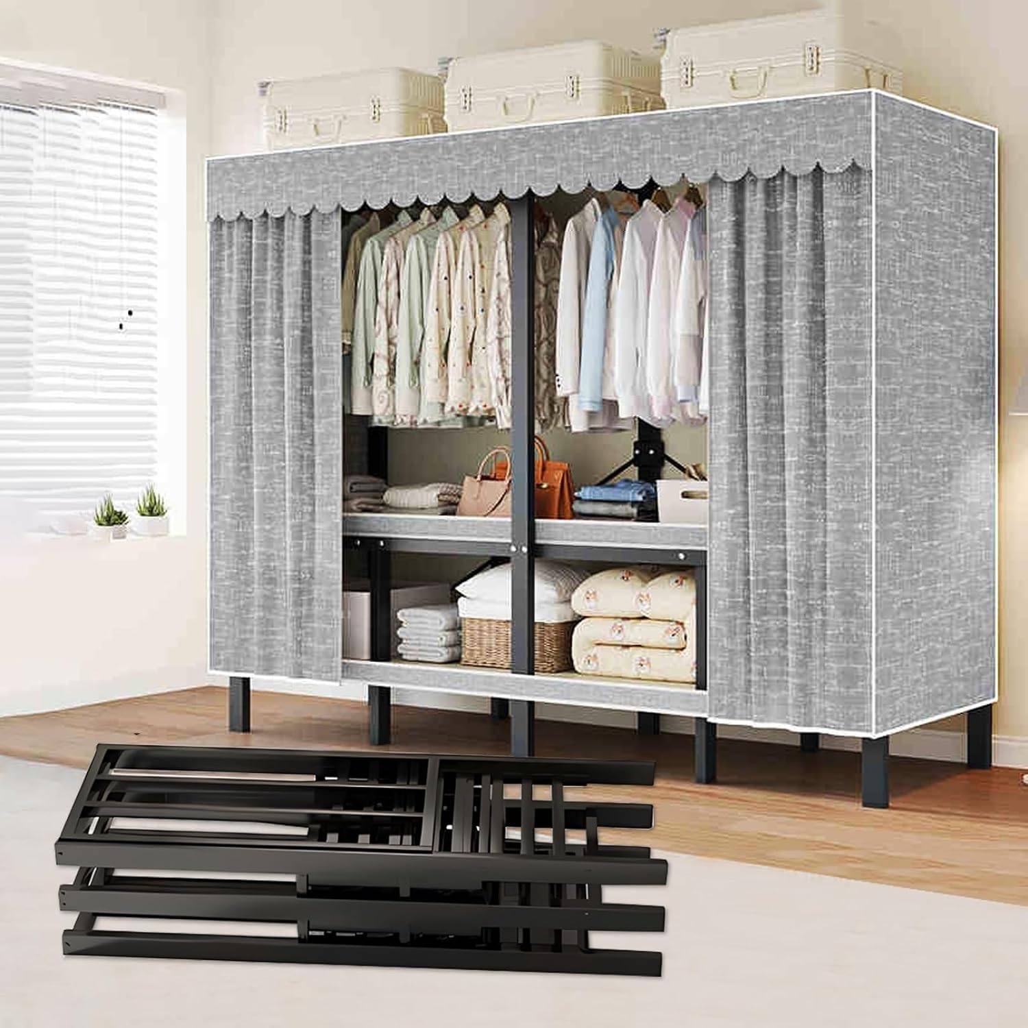 Wardrobe Clothes Organizer - Heavy Duty Portable Wardrobe Closet Rack Foldable Clothe Rack With Cover Freestanding Garment Rack For Hanging Clothes Large Capacity Enclosed Metal Clothing Rack(125*52*1