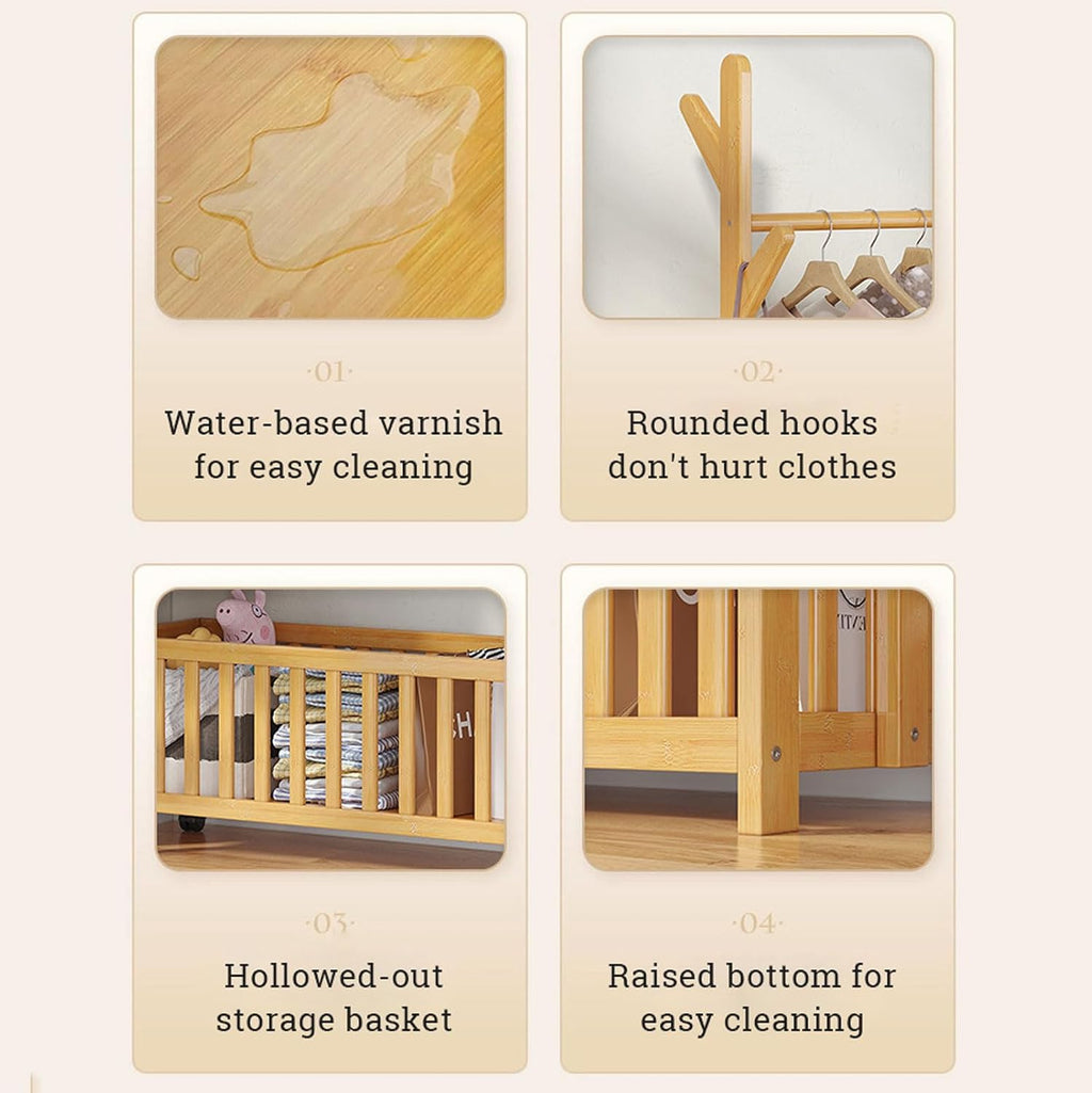 Bamboo Open Wardrobe with Hollow Storage Basket, Clothes Stand Garment Rack with Casters, Clothes Hanging Rail for Clothes Hats Bags