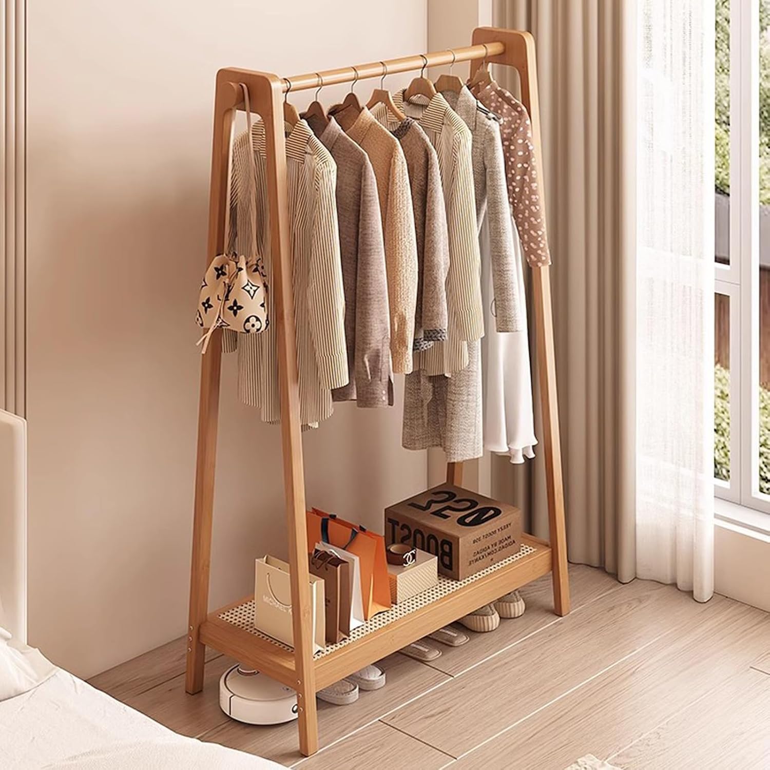 Garment Rack Bamboo Clothing Rack For Hanging Clothes, Freestanding Coat Rack With Shelves And 2 Hooks, Large Capacity Clothes Rail For Bedrooms, Easy To Assemble C(Size:75x36x154CM,Color:Wood Color)