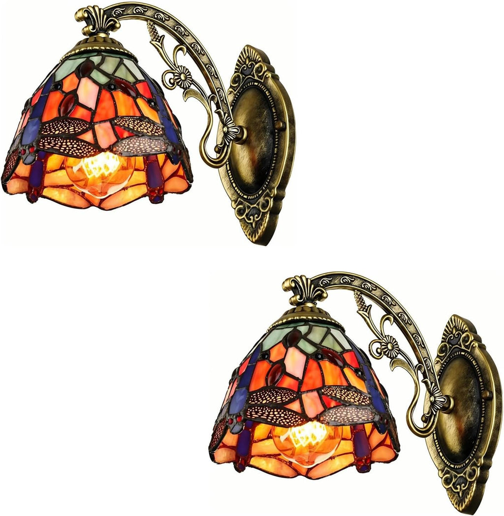 MIXL-Blue Dragonfly Wall Sconces Set of 2,Stained Glass Sconce,Art Deco Hallway Lighting Fixture,Modern Wall Lamp for Living Room Bedroom Study Room