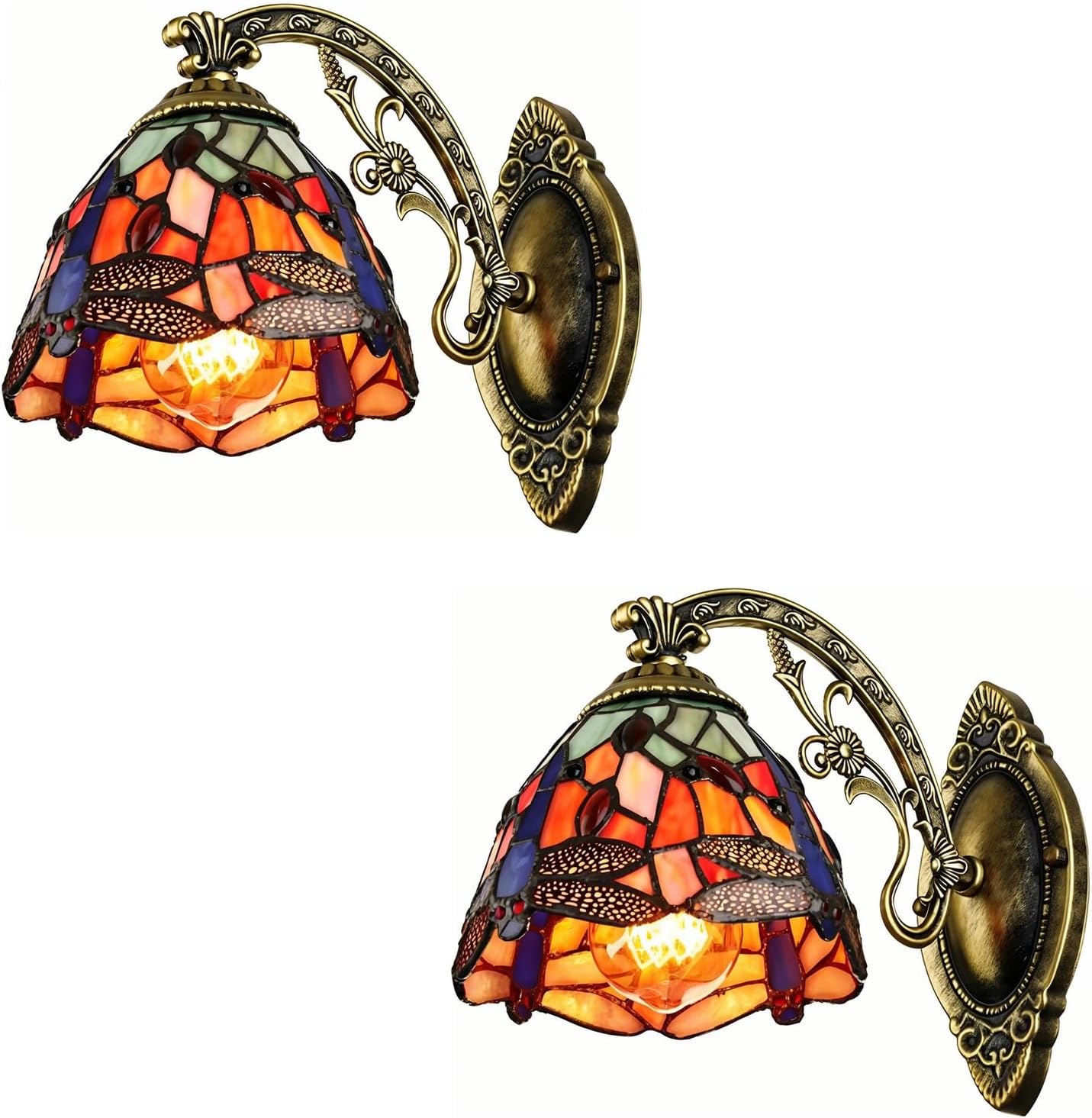 MIXL-Blue Dragonfly Wall Sconces Set of 2,Stained Glass Sconce,Art Deco Hallway Lighting Fixture,Modern Wall Lamp for Living Room Bedroom Study Room