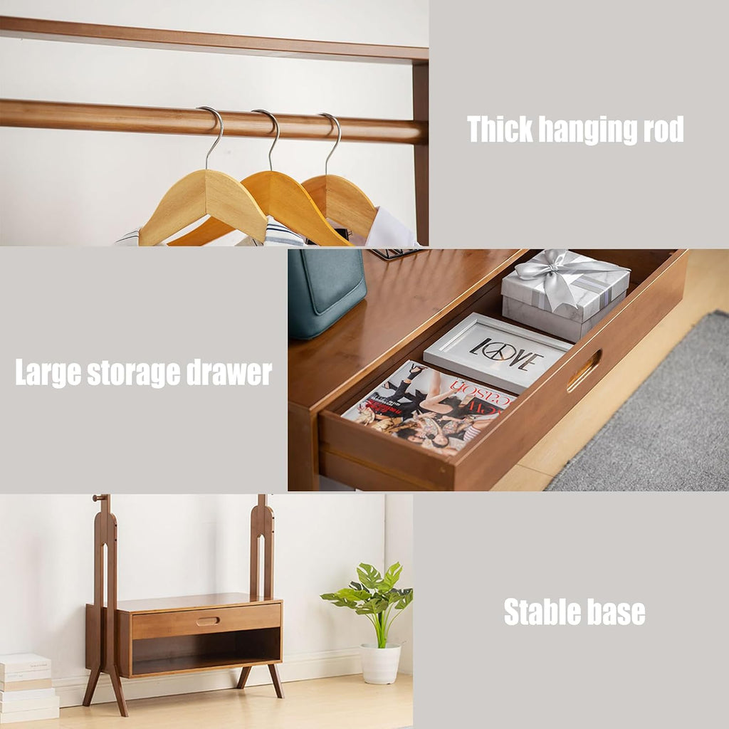 Bamboo Garment Coat Clothes Hanging Rack with Drawer Organizer Shelves, Multi-functional Clothing Storage Rack With Hooks for Bedroom, Laundry Room, Living-room