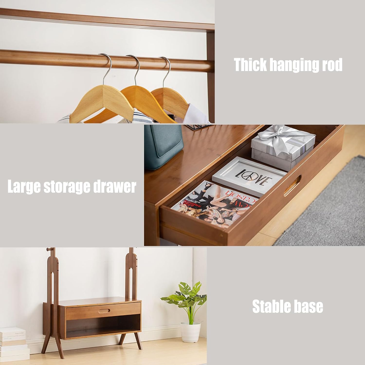 Bamboo Garment Racks, Clothes Rack for Hanging Clothes Portable Closet with Hanging Rod Shelving Clothing Rack Freestanding Wardrobe, Closet Organizers and Storage Drawers, Max Load 300LBS, Brown