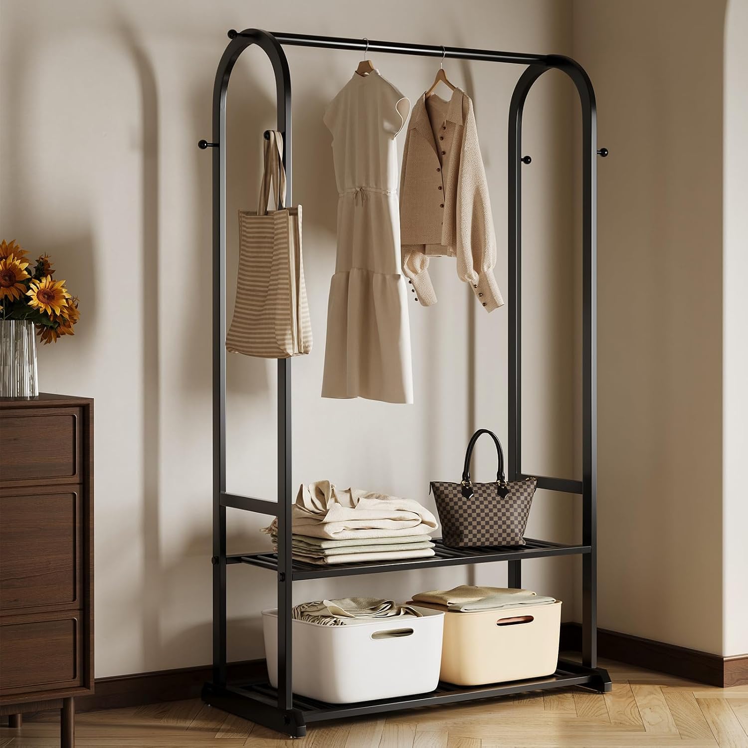 Sturdy metal clothes rack,Black freestanding clothing rack with bottom shelves and 6 side hooks,garment rack for hanging clothes,Wardrobe rack for Bedroom or cloakrooms