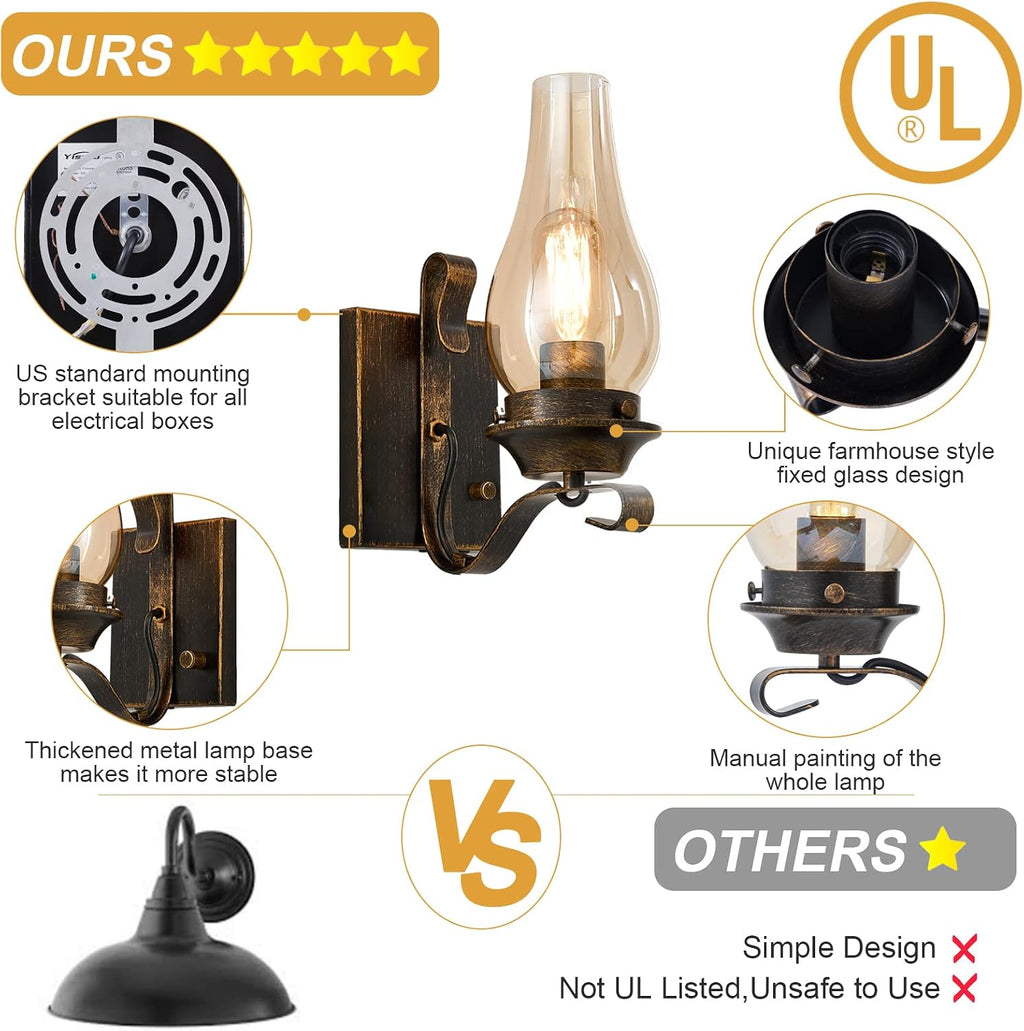Yisuro Wall Sconces Sets of 2, Oil Rubbed Bronze Plug in Wall Sconce,Retro Rustic Wall Lamps,Sconces Wall Lighting with Amber Glass,Indoor Vintage Bedside Wall Lighting for Living Room Bathroom