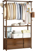 Bamboo Garment Rack, Clothes Hanging Rack with Side Hooks and 3 spacious drawers Portable Storage Organizer Garment Rack for Bedroom Living Room Office Mudroom