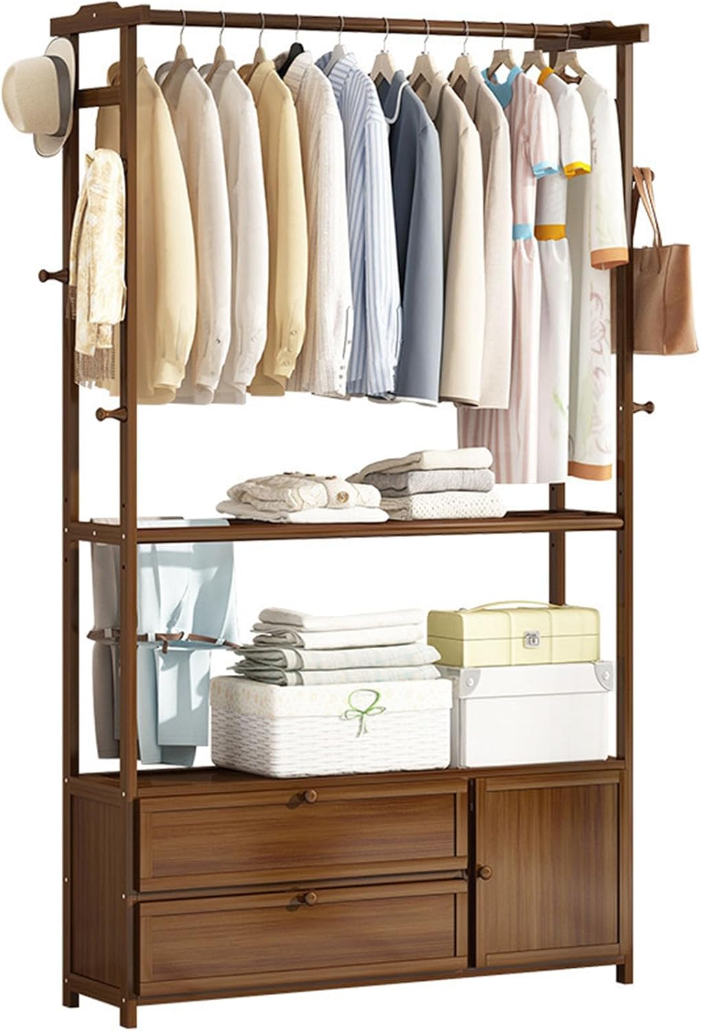 Bamboo Garment Rack, Clothes Hanging Rack with Side Hooks and 3 spacious drawers Portable Storage Organizer Garment Rack for Bedroom Living Room Office Mudroom