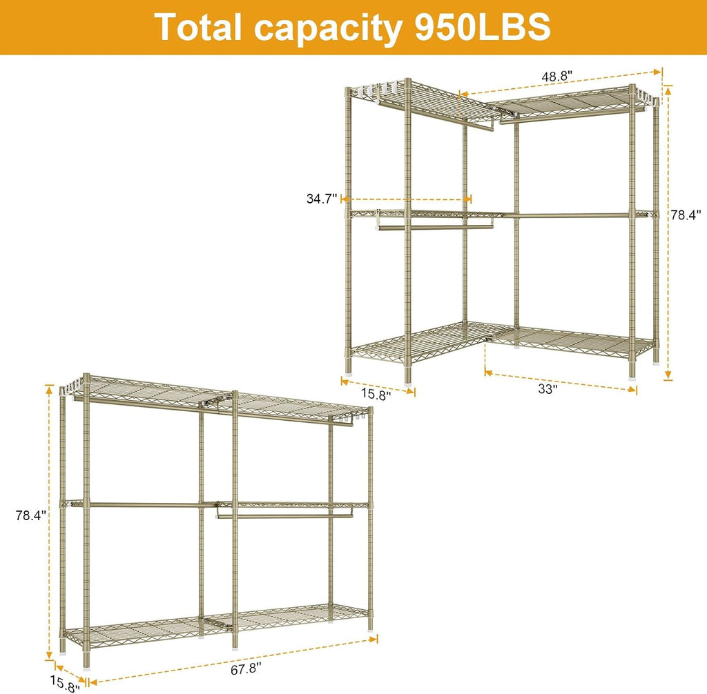 ULIFHOME E15 Pro Garment Rack L Shaped Clothes Rack for Corner，Freestanding Clothing Racks for Hanging Clothes，Heavy Duty Closet System with 4 Hanging Rods & 8 S Hooks，48.8'W x 15.8'D x 78.4'H，Gold