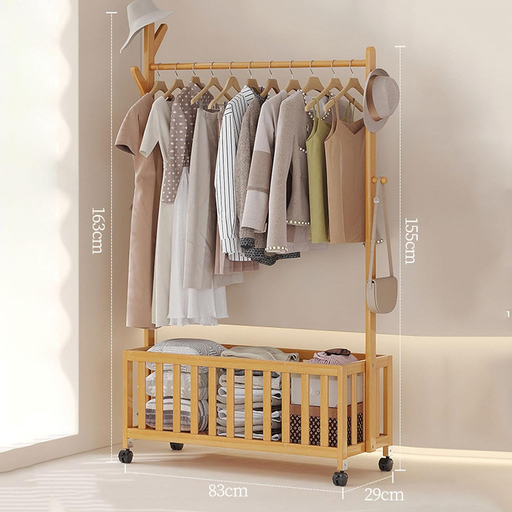 Bamboo Open Wardrobe with Hollow Storage Basket, Clothes Stand Garment Rack with Casters, Clothes Hanging Rail for Clothes Hats Bags