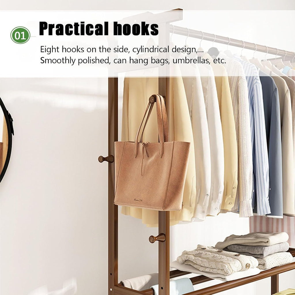 Bamboo Garment Rack, Clothes Hanging Rack with Side Hooks and 3 spacious drawers Portable Storage Organizer Garment Rack for Bedroom Living Room Office Mudroom