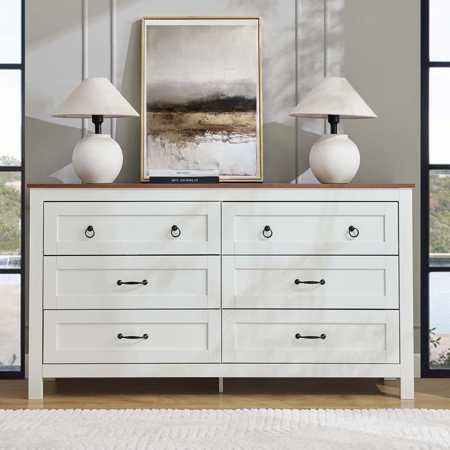 Bedside Table with 6 Drawers Storage, Modern Storage Cabinet with Metal Handles for Bedroom, Living Room, Hallway, White