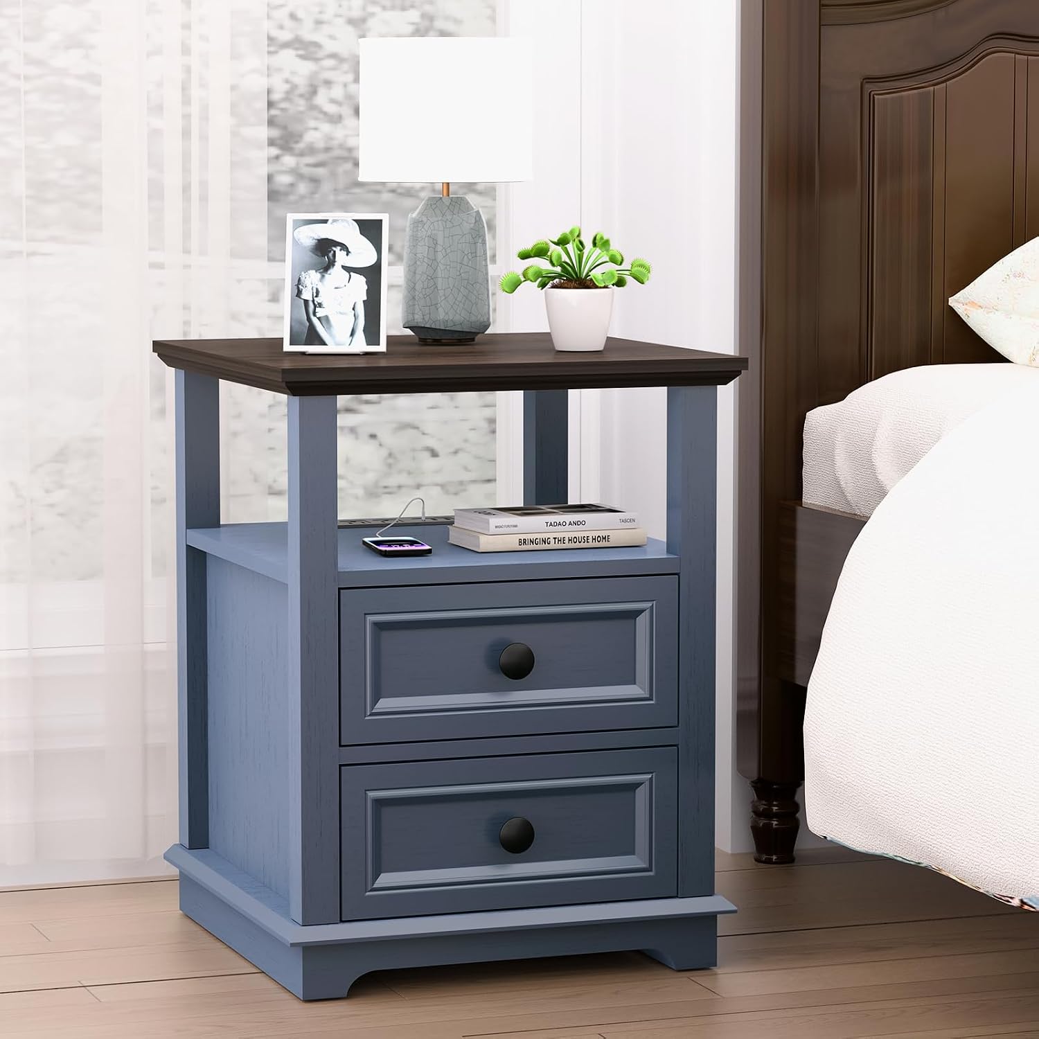 REDAYFUR 24' Tall Nightstand with Charging Station, 18' Bedside Table with Drawers,Rustic Wooden Storage Cabinet with Open Shelf for Bedroom,Blue