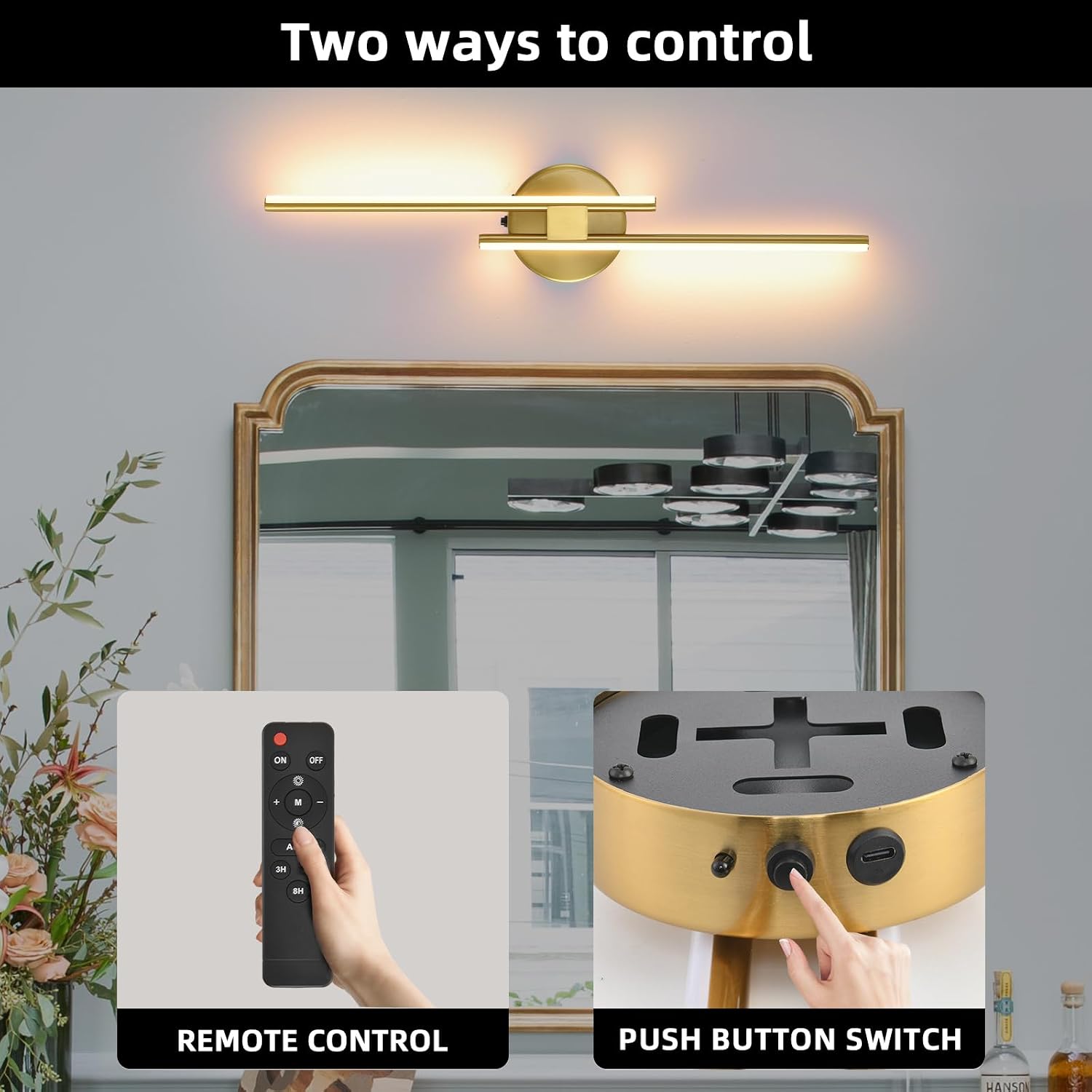 Battery Operated Wall Sconce Set of 2,Gold 23.6' 3000K-6500K LED Dimmable Wall Sconces with Remote Control,Wireless Wall Light USB Rechargeable for Bedroom Hallway Living Room Background Wall Lighting