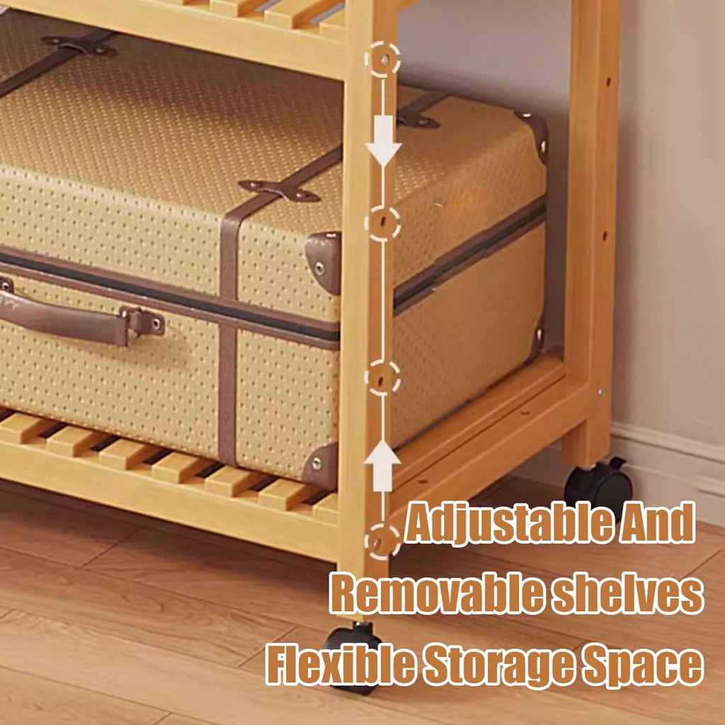 Rolling Clothes Stand, Bamboo Garment Rack Open Wardrobe with 3-tier Storage Shelves, Clothes Hanging Tidy Rail, Shoe Rack, Standing Coat Rack for Clothes Hats Bags