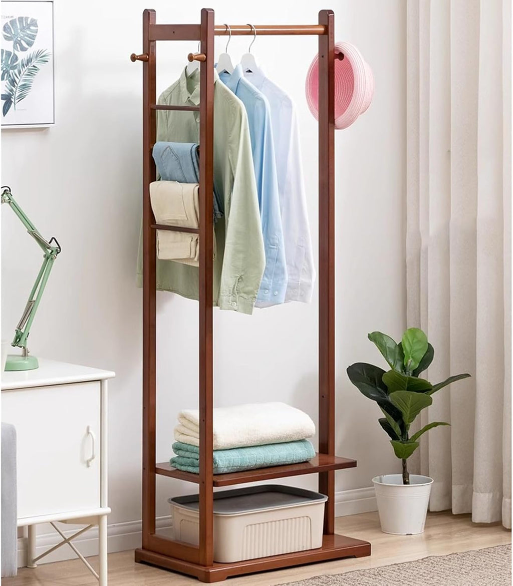 Garment Rack Bamboo Clothing Rack, Corner Coat Rack Stand Hall Trees For Entryway Bedroom And Living Room, Free Standing Clothes Hanging Rail With 2 Shelves, 3 Hooks And Pants Hanger(Color:Brown)