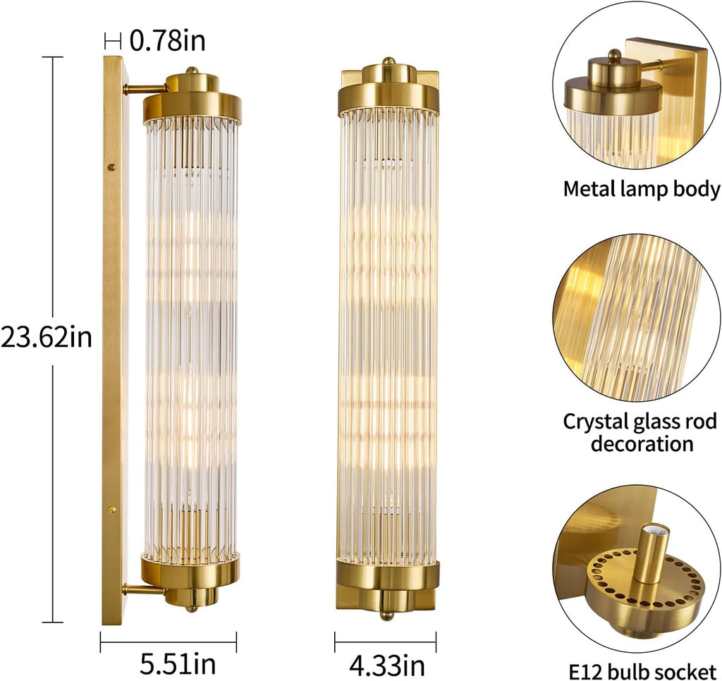 Gold Wall Sconces Set of Two with Crystal Glass Strip Bathroom Sconces 2 Light E12 Base Modern Wall Lights for Bedroom Living Room Hallway Wall Light Fixtures