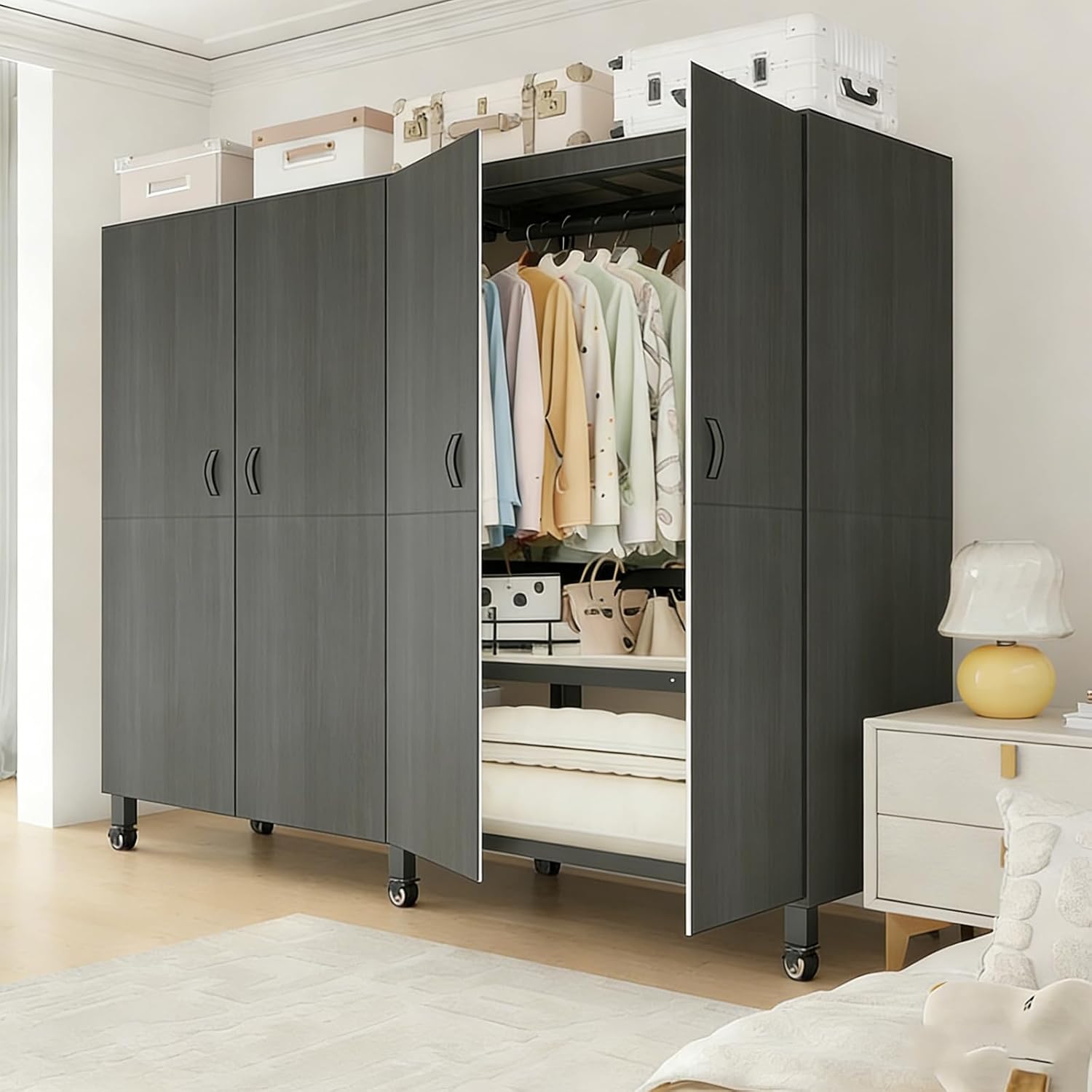 Foldable Portable Wardrobe On Wheels, Freestanding Garment Rack, with Magnetic Door 2000lbs, Heavy Duty Clothes Rack, for Bedroom Closet Systems (Agarwood, 150CM/59IN)