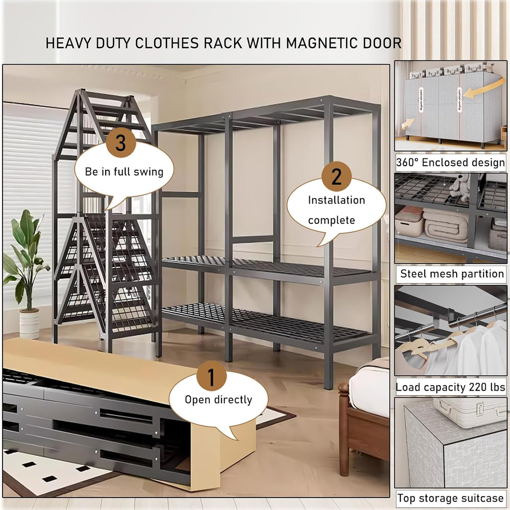 Foldable Portable Wardrobe On Wheels, Freestanding Garment Rack, with Magnetic Door 2000lbs, Heavy Duty Clothes Rack, for Bedroom Closet Systems (Grey, 85CM/33.4IN)