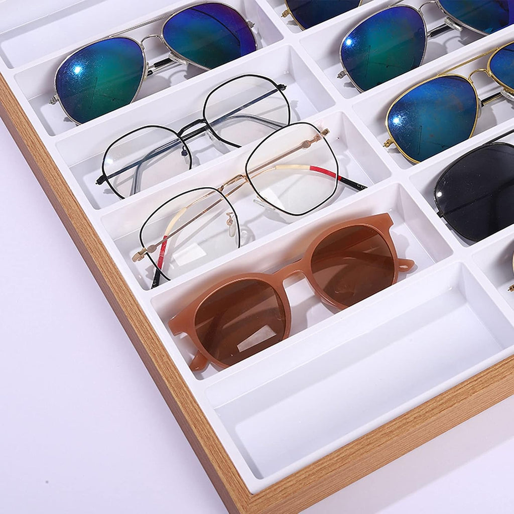 Eyeglass Displays Wooden 7/12/18 Compartments Eyeglass Display Organizer Open Top Eyeglasses Sunglass Storage Case Box Eyewear Tray Stand Display Risers(L)