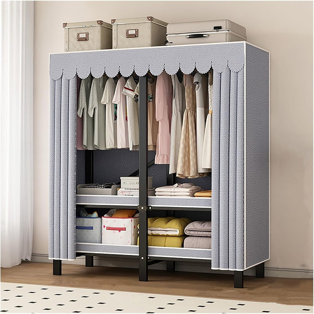 Foldable Clothe Rack With Cover, Portable Wardrobe Closet, Garment Rack For Hanging Clothes Rack, Curtain Metal Clothing Organizer, For Bedroom(Blue,190cm/74.8inch)