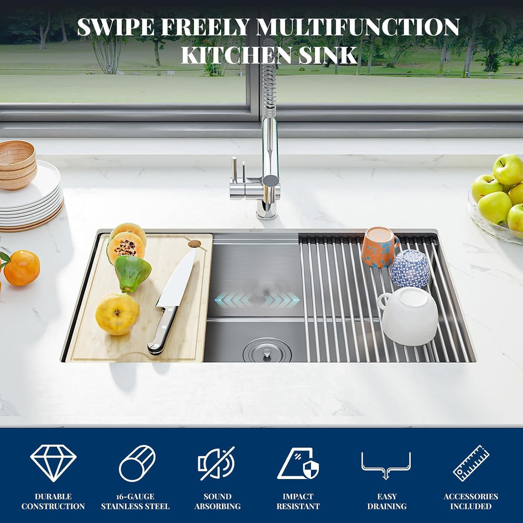 Senfot 33 Inch Undermount Kitchen Sink with Single-tier Track, Stainless Steel Single Bowl Kitchen Sink with Chopping Board, Drainer Basket, Bottom Net, Drainer, Roller Shutter