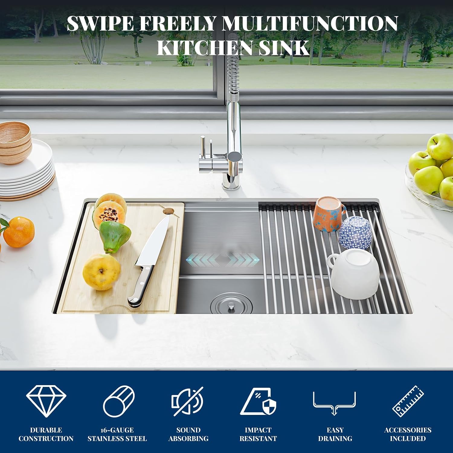 Senfot 33 Inch Undermount Kitchen Sink with Single-tier Track, Stainless Steel Single Bowl Kitchen Sink with Chopping Board, Drainer Basket, Bottom Net, Drainer, Roller Shutter