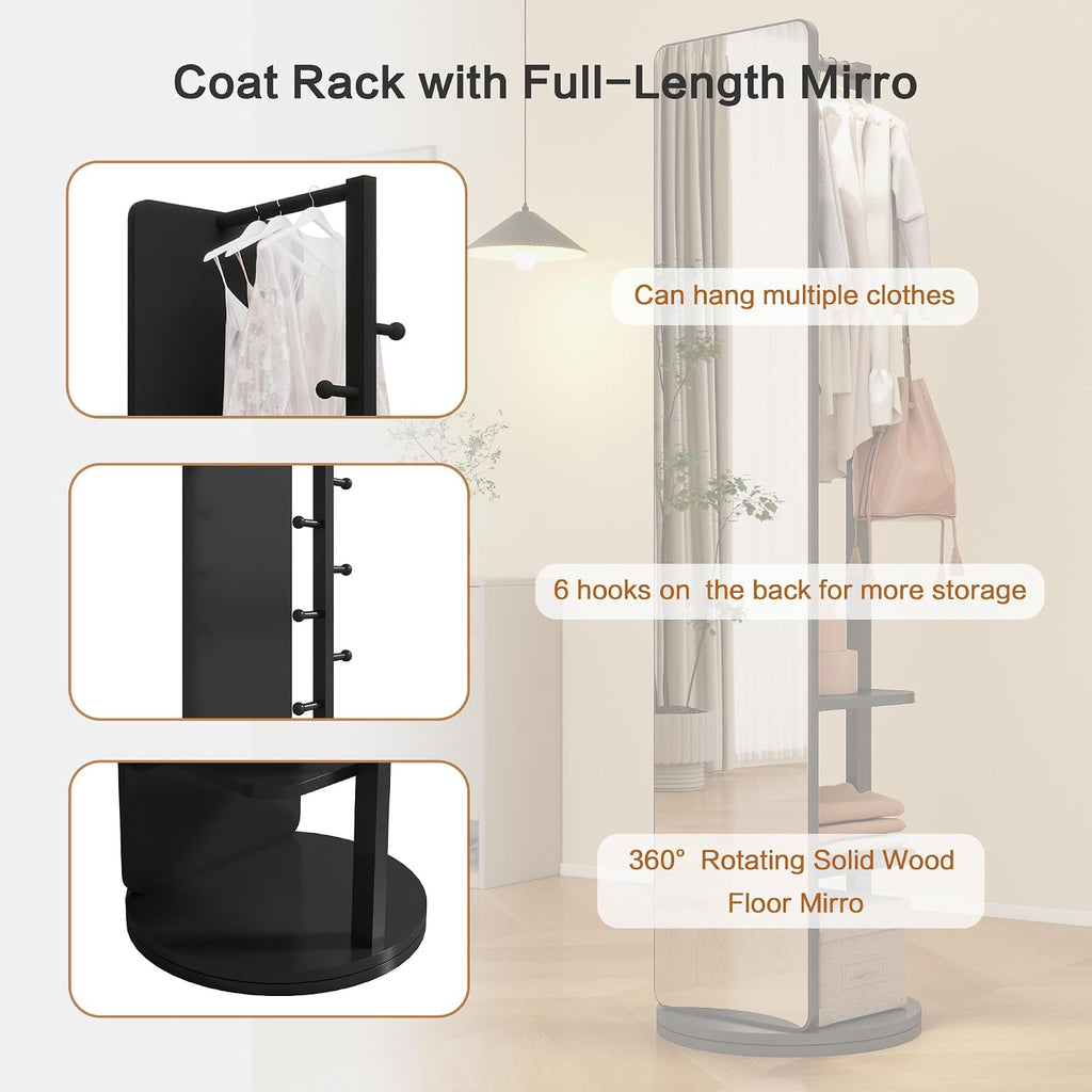 CHANCEE 360° Rotating Mirror Coat Rack, Solid Wood Standing Mirror with Storage Hooks and Shelves, Space-Saving Multifunctional Organizer for Bedroom, Living Room, or Cloakroom (Black)
