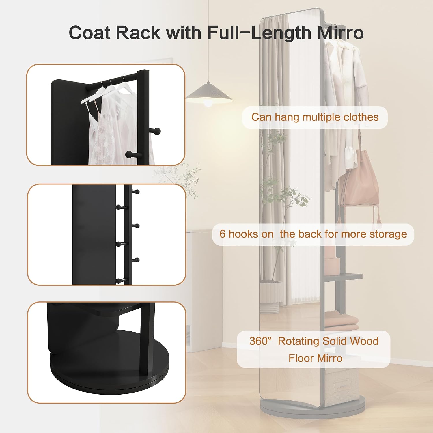 CHANCEE 360° Rotating Mirror Coat Rack, Solid Wood Standing Mirror with Storage Hooks and Shelves, Space-Saving Multifunctional Organizer for Bedroom, Living Room, or Cloakroom (Black)
