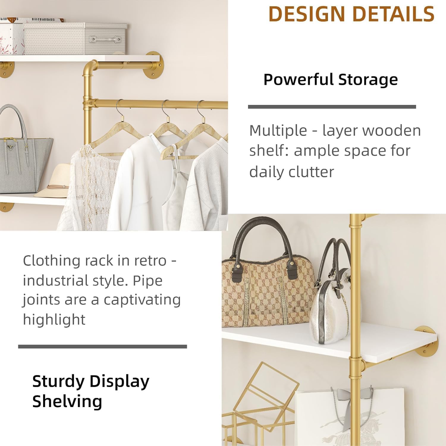 Industrial Pipe Clothing Rack, Wall Mounted DIY Garment Rack with 2 Adjustable Rod & 5 Shelves, Heavy Duty Closet Organizers System in Wardrobe Closet, Gold