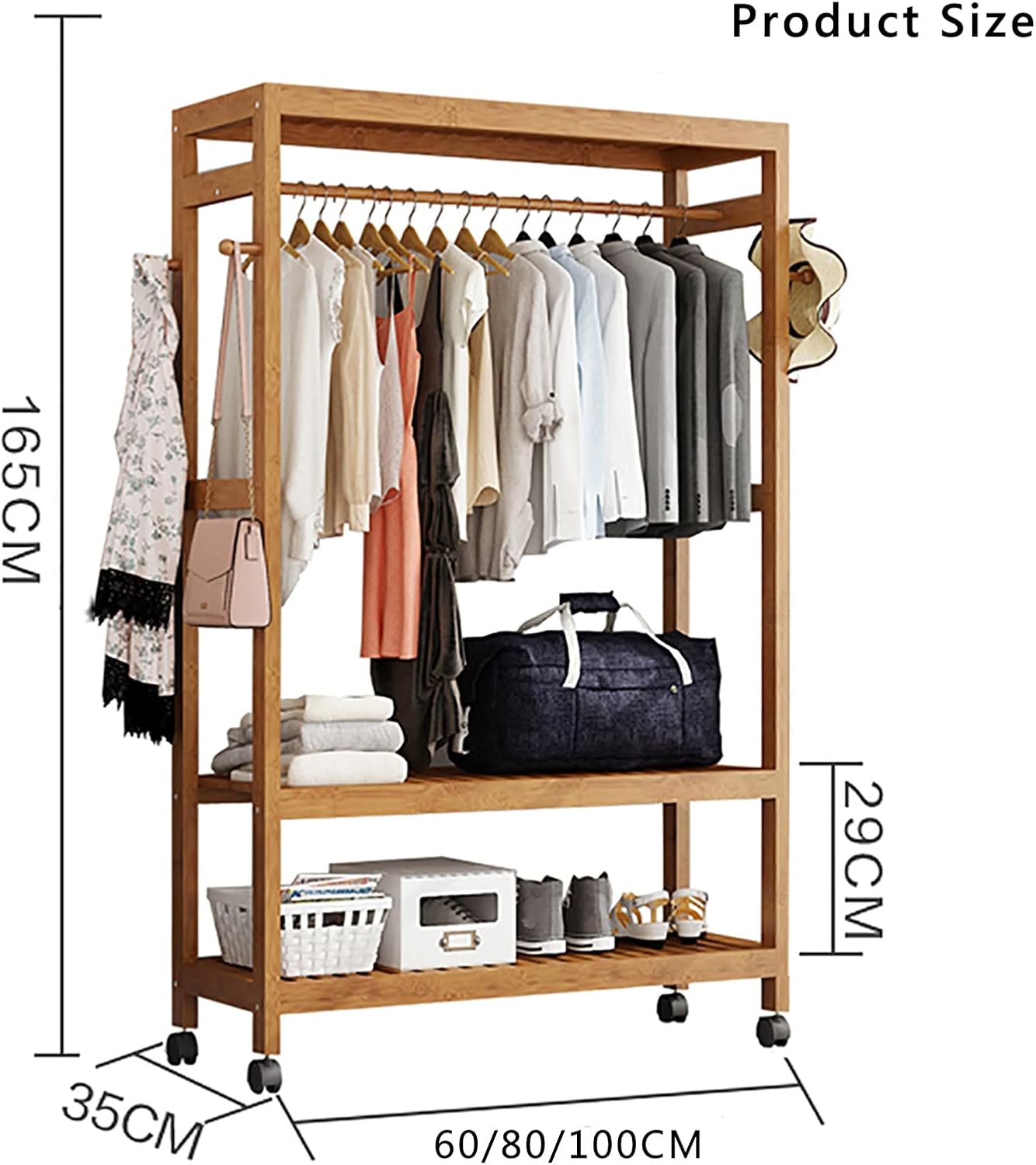Garment Rack with 2 Tier Storage Shelves,Hanging Rack Bamboo Garment Rack,with Wheels,for Clothes, Shirts, Bags, Scarves, Pants, Shoes, Storage Boxes