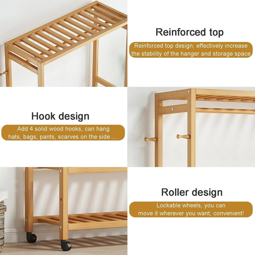 Versatile Mobile Garment Rack - Bamboo Freestanding Clothes Organizer for Hanging, Wardrobe Storage Closet with Wheel Perfect,with 4 Hooks/1 Top Rod & 3 Shelves,70 * 42 * 168CM