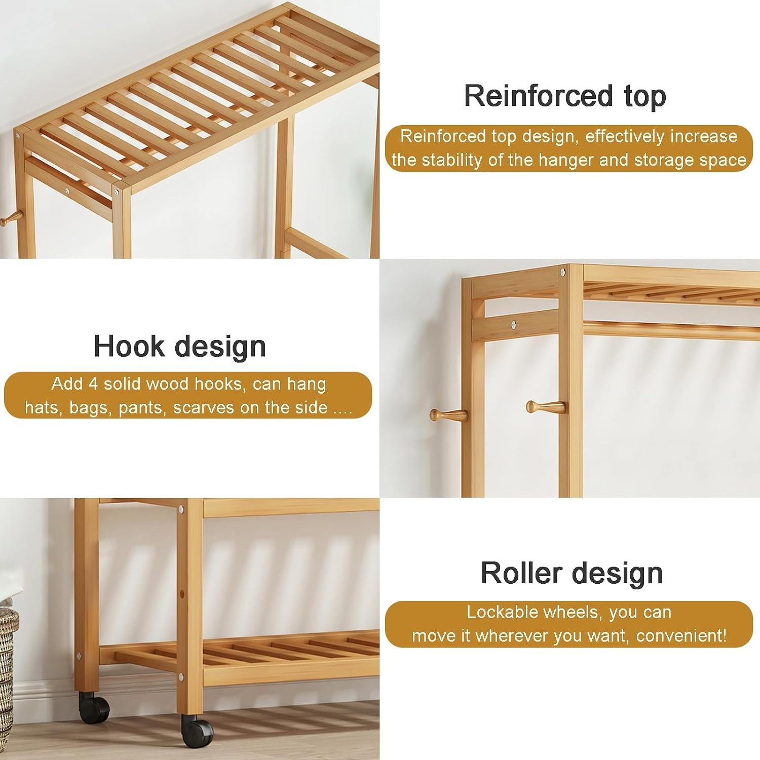 Versatile Mobile Garment Rack - Bamboo Freestanding Clothes Organizer for Hanging, Wardrobe Storage Closet with Wheel Perfect,with 4 Hooks/1 Top Rod & 3 Shelves,100 * 42 * 168CM
