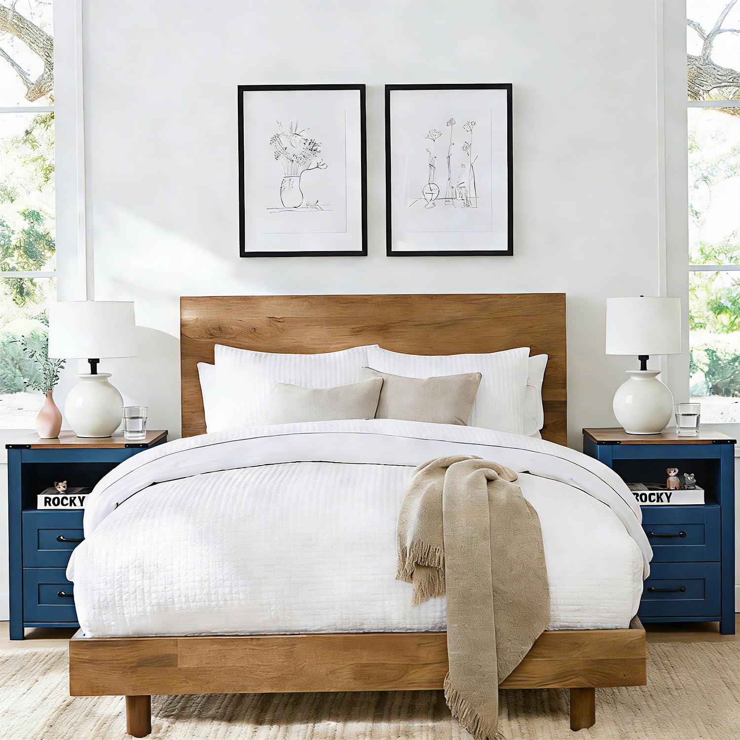Farmhouse Nightstand Set of 2, Bedside Table with 2 Drawers Storage, End Table with Open Shelf, Night Stand for Bedroom Without Charging Station, Blue