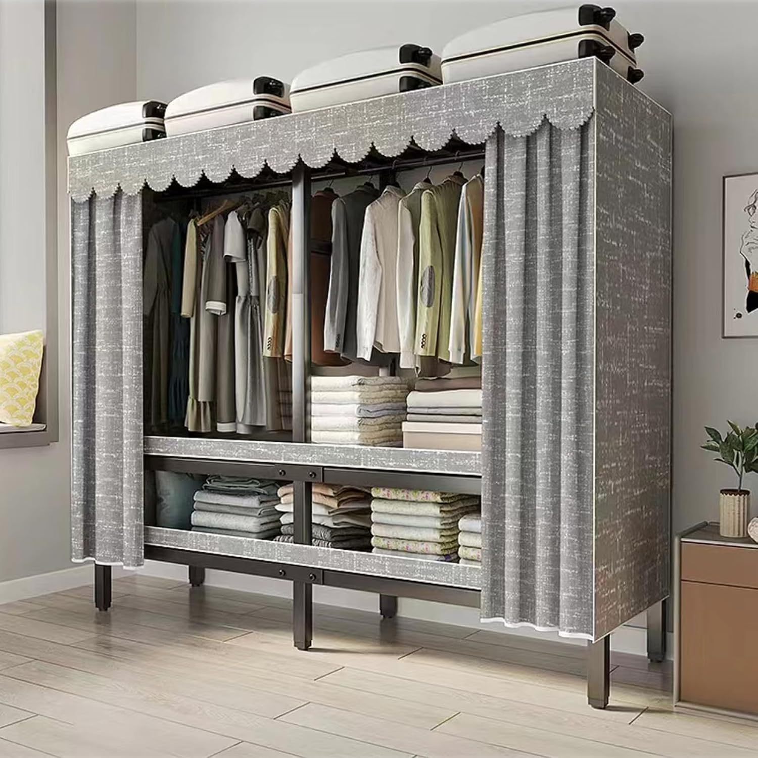 Heavy Duty Rolling Covered Metal Garment Rack with Lockable Wheels and Door, Load 2000lbs, Portable Closets for Hanging Clothes, Large Capacity 360°Enclosed Clothing Racks (125cm/49.2in)