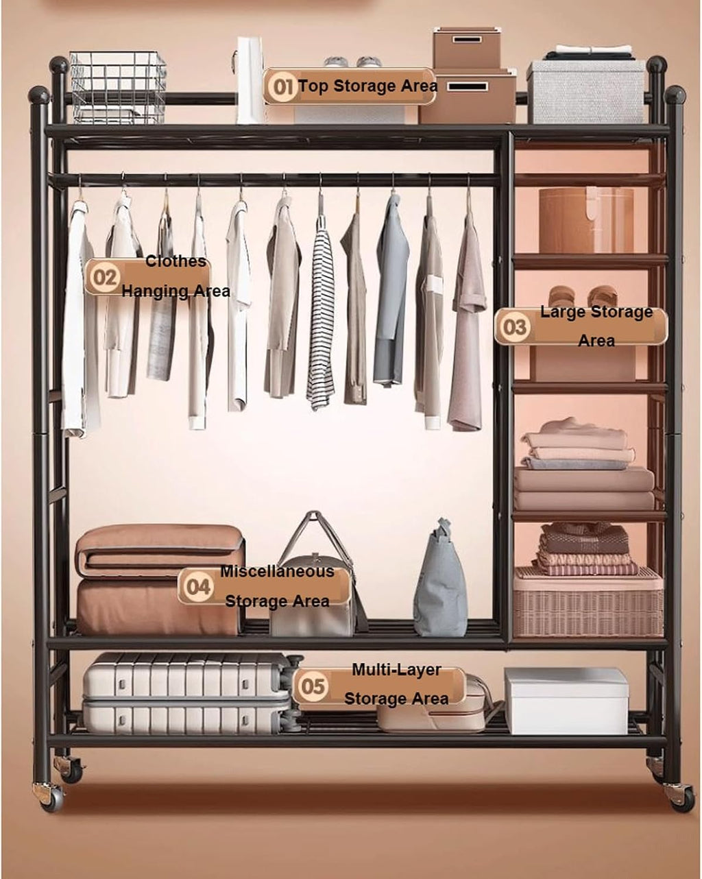 6 Tier Heavy Duty Garment Rack on Wheels Metal Portable Clothing Rack w/Hanging Rod Rolling Clothes Rack Freestanding Open Wardrobe Closet Organizer for Bedroom