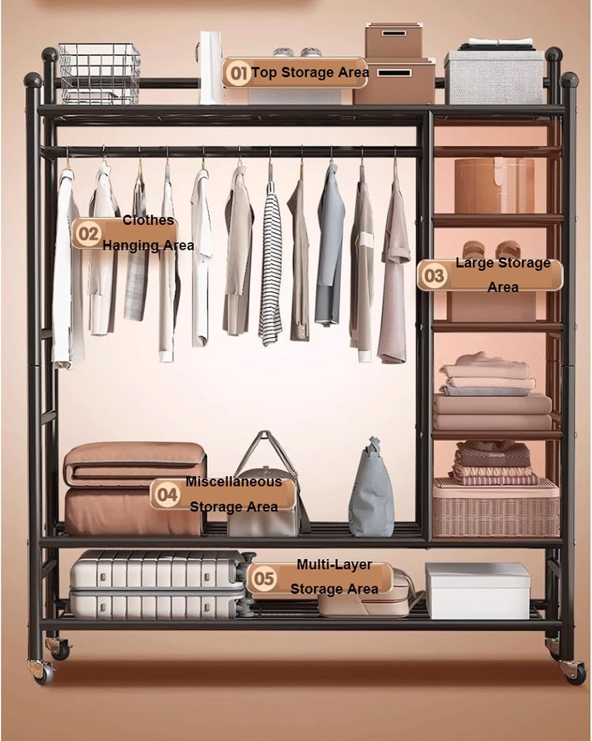 6 Tier Heavy Duty Garment Rack on Wheels Metal Portable Clothing Rack w/Hanging Rod Rolling Clothes Rack Freestanding Open Wardrobe Closet Organizer for Bedroom