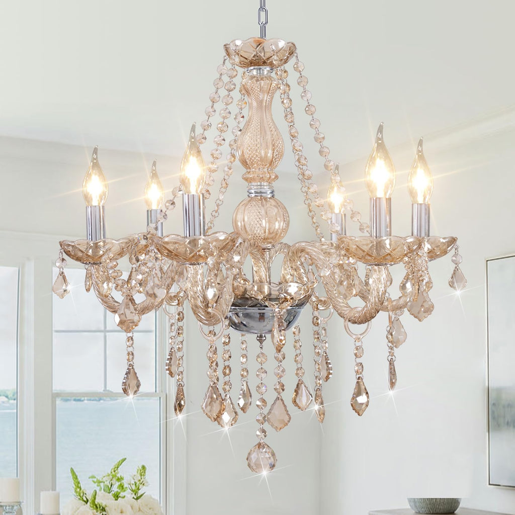 Crystal Chandeliers for Dining Room, 6-Lights Classic Cognac Pendant Light K9 Vintage Chandelier for Bedroom, Candle Ceiling Light Fixture Cognac Chandelier for Living Room Wedding Decor