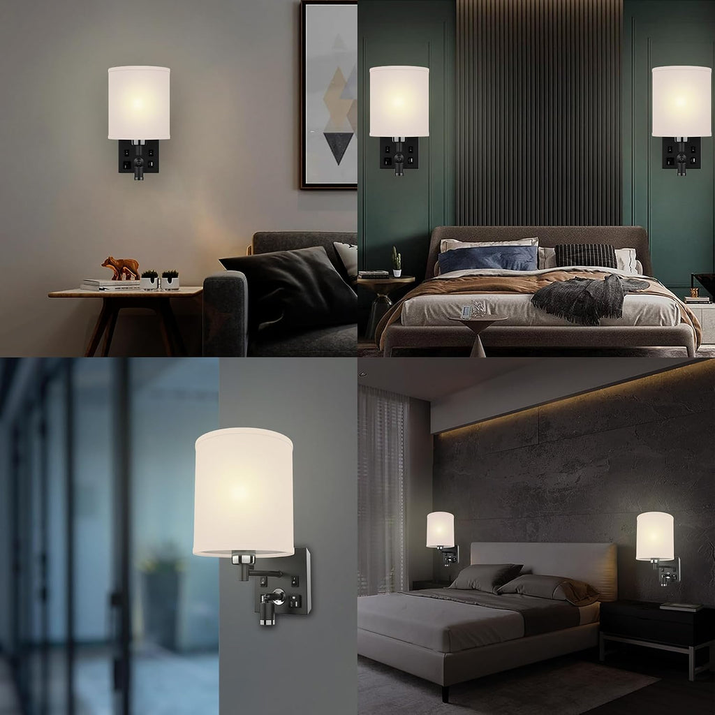 LEDMyplace Wall Sconces Set of 2 LED Indoor Wall Sconce, Bedside Light Fixture with USB Ports & Outlet, White Fabric Shade, Black Metal Finish Wall Lamps for Bedroom, Living Room