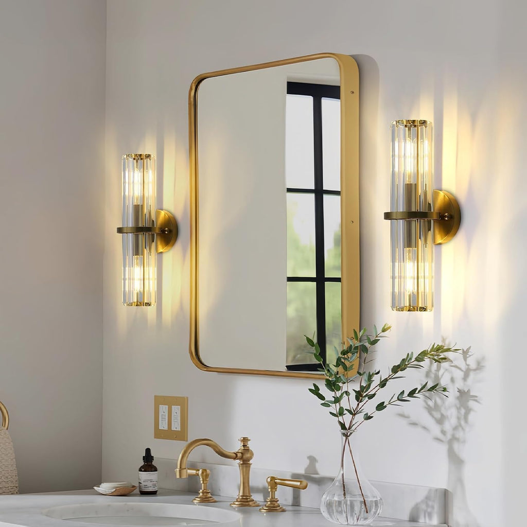 Crystal Wall Sconce Set of 2, Gold Crystal Bathroom Wall Light, Modern Sconces Wall Decor 2-Light Luxury Indoor Wall Lamp 15.7-Inch for Living Room, Hallway, Mirror, Bathroom, Vanity E26