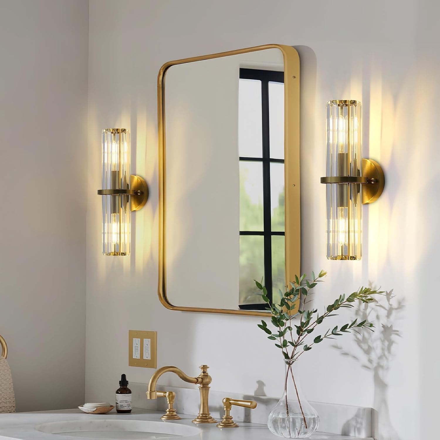 Crystal Wall Sconce Set of 2, Gold Crystal Bathroom Wall Light, Modern Sconces Wall Decor 2-Light Luxury Indoor Wall Lamp 15.7-Inch for Living Room, Hallway, Mirror, Bathroom, Vanity E26