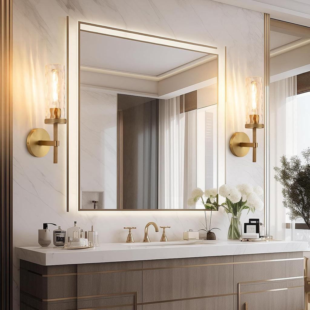 15' Knurled Brass Wall Sconces Set of 2, Gold Bathroom Vanity Light Fixtures with Water Ripples Glass Tube, Modern Lamp Lighting for Bedroom, Living Room, Hallway, Staircase, Mirror, Kitchen