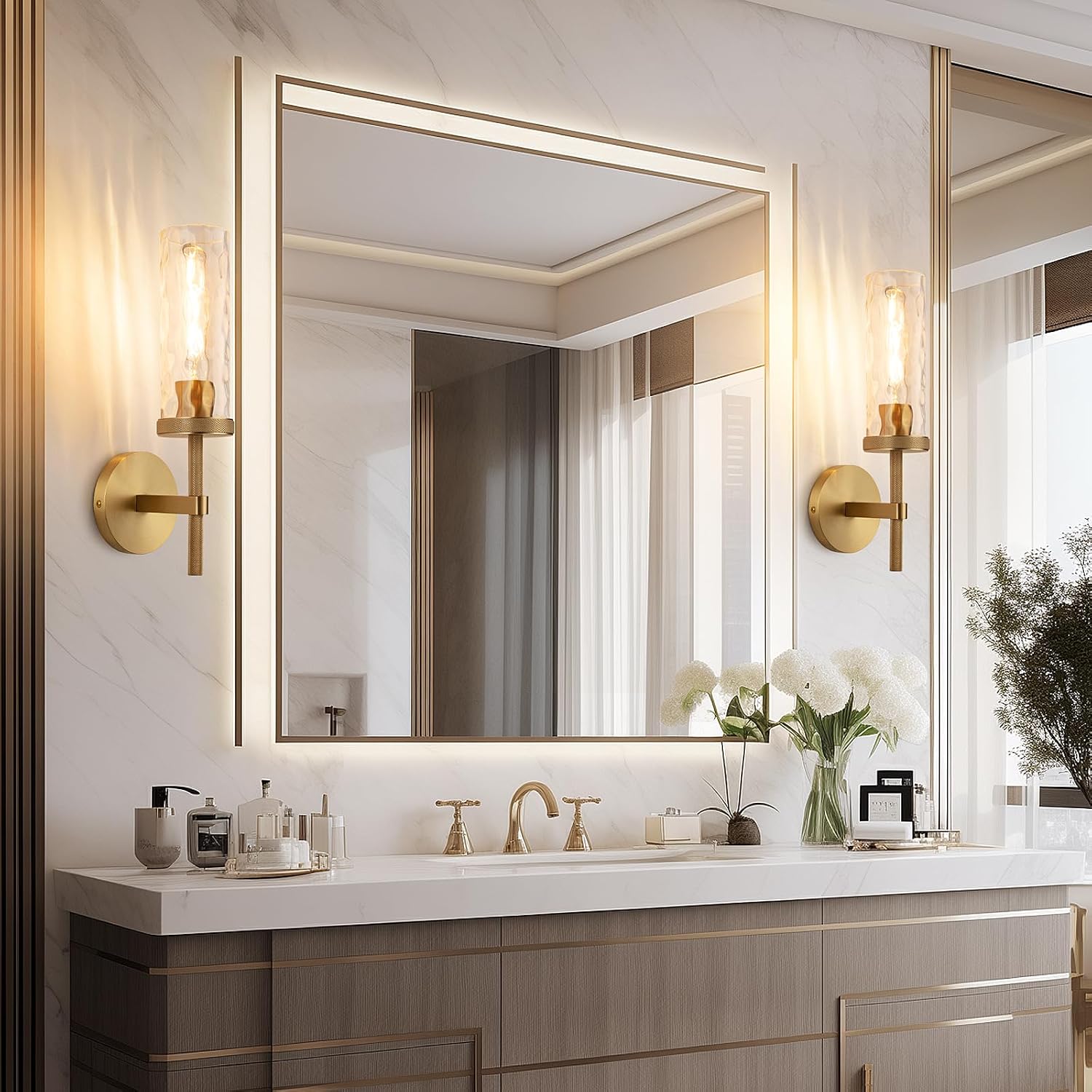 15' Knurled Brass Wall Sconces Set of 2, Gold Bathroom Vanity Light Fixtures with Water Ripples Glass Tube, Modern Lamp Lighting for Bedroom, Living Room, Hallway, Staircase, Mirror, Kitchen
