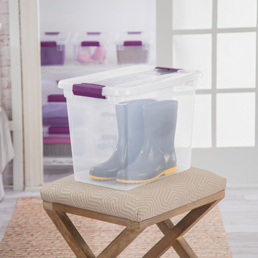 Sterilite 27 Quart ClearView Latch Box, Stackable Storage Bin with Latching Lid, Organize Clothes, Shoes in Closet, Clear Base and Lid, 18-Pack