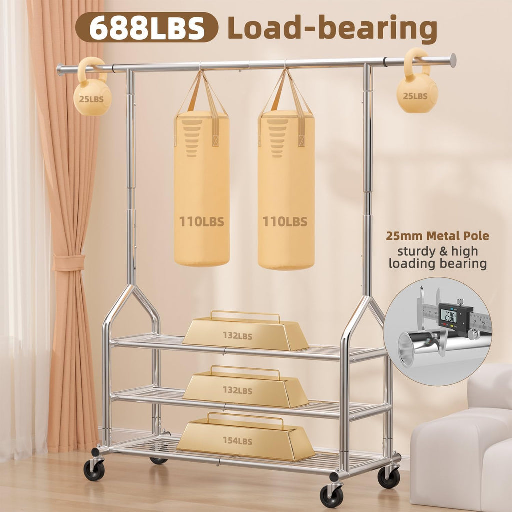 EAGMAK Heavy Duty Clothes Rack Load 688 LBS, Rolling Clothing Rack With 3 Shelves, Adjustable Metal Clothes Hanger with Wheels Portable Wardrobe Organizer Garment Rod for Hanging Clothes (Silver)
