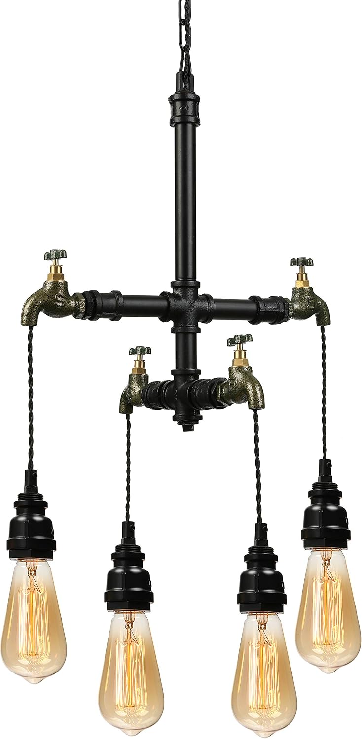 4-Light Antique Industrial Tap Wrought Iron Pendant Chandelier Lighting Vintage Steampunk Water Pipe Shaped Retro Loft Hanging Lamp Fixture Rustic Lighting 444813