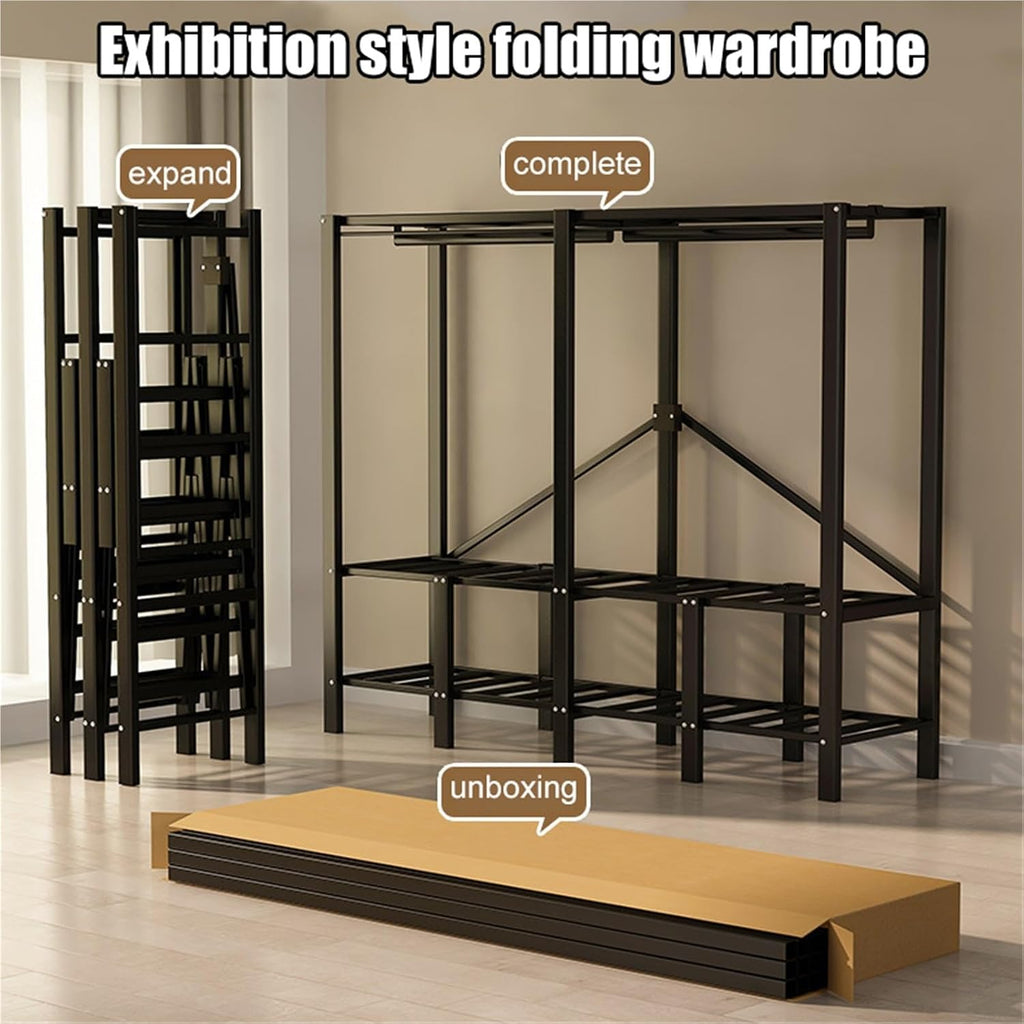 Portable Closet Rack Heavy-Duty Foldable Garment Racks With Cover, Freestanding Hanging Clothes Storage Wardrobe For Bedroom, Wardrobe Closet Coat Storage Garment Racks System(130 * 50 * 170CM)