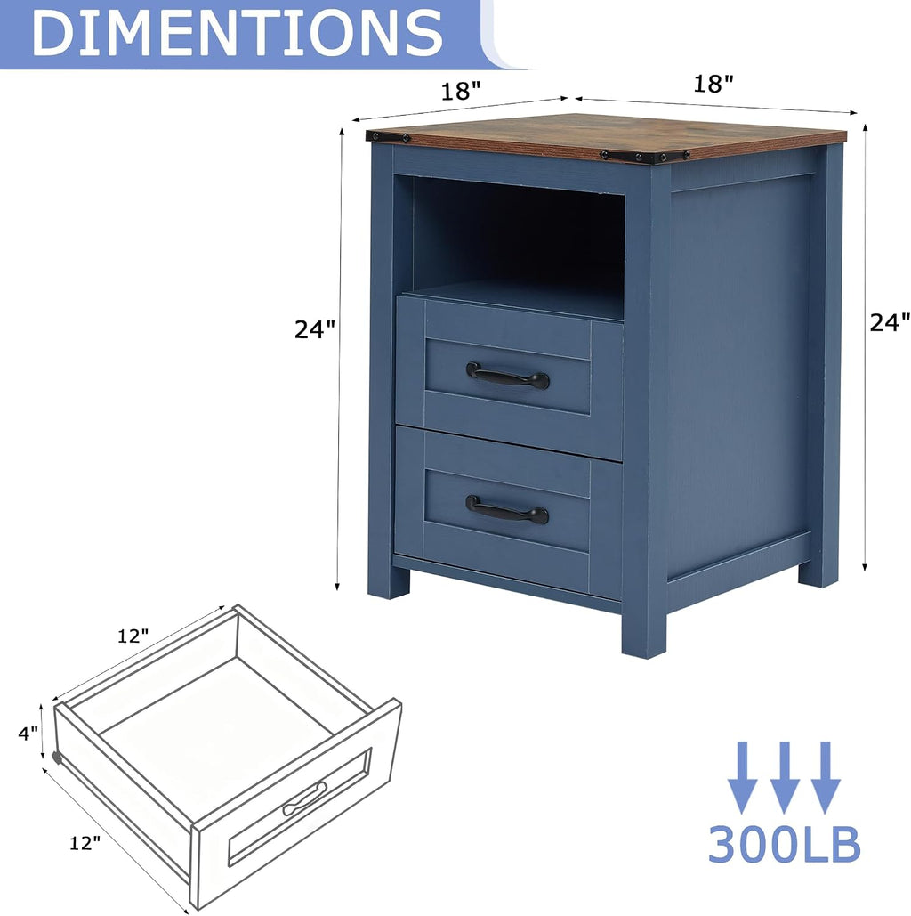 Farmhouse Nightstand Set of 2, Bedside Table with 2 Drawers Storage, End Table with Open Shelf, Night Stand for Bedroom Without Charging Station, Blue