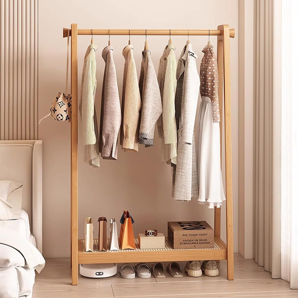 Garment Rack Bamboo Clothing Rack For Hanging Clothes, Freestanding Coat Rack With Shelves And 2 Hooks, Large Capacity Clothes Rail For Bedrooms, Easy To Assemble C(Size:75x36x154CM,Color:Wood Color)